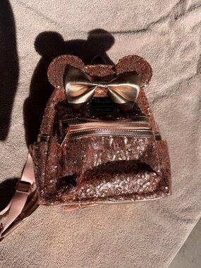 Loungefly Rose Gold Sequin Mini Backpack with Bow Minnie Mouse Ears